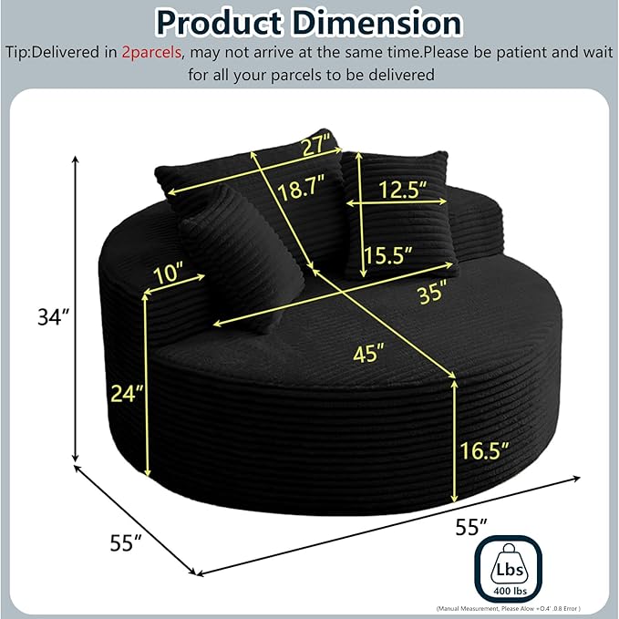 55''L Oversized Round Chaise Longue Chair Indoor Corduroy Sponge Single Sofa Oversized Round Chairs Modern Sleeper Chair for Living RoomProjection Room Wide Armrest Chairs Black