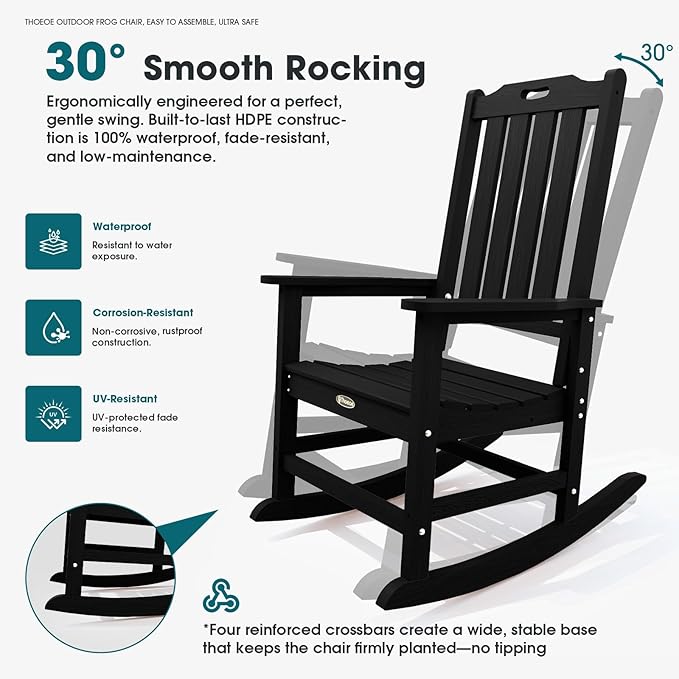 Oversized Rocking Chair Set of 8 Outdoor Rocking Chair for Adults All Weather Resistant Porch Rocker for Lawn Garden Black