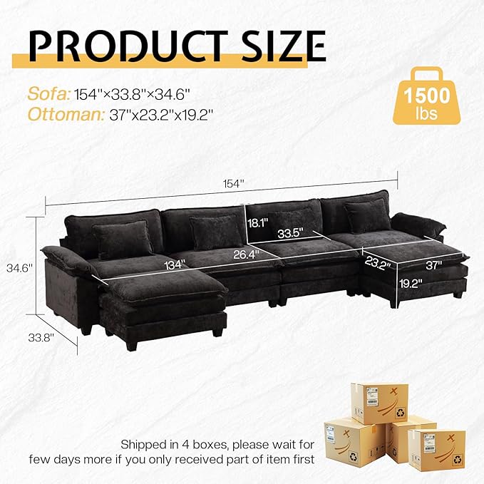 Modular Sectional Sofa Cloud Couch with Ottoman Deep Seat L Shaped Chenille Sofa Couches for Living Room Apartment (Black U-Shaped &amp 2 Ottoman)