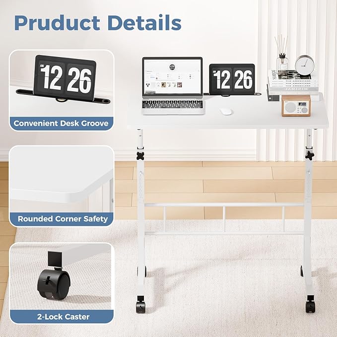 DUMOS 31.5 Adjustable Height Mobile Desk with Locking Wheels &amp Pin-Lock Portable Workstation for Walking Pad &amp Active Home Office White