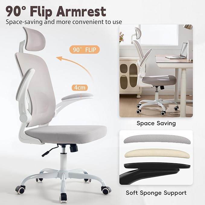 Ergonomic Office Chair with 3D Adjustable Lumbar Support Mesh High Back 75° Rotating Headrest Rocking Function 300lbs Capacity Black/White (White)