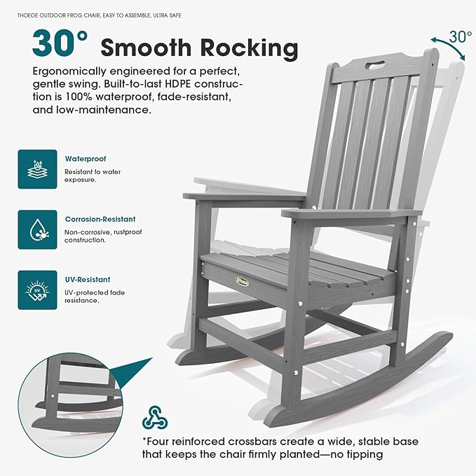 Oversized Rocking Chair Set of 2 Outdoor Rocking Chair for Adults All Weather Resistant Porch Rocker for Lawn Garden Grey