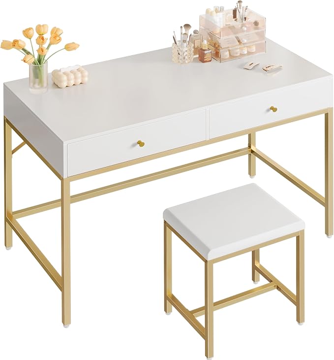 SUPERJARE 43-inch Modern White &amp Gold Desk - 2 Drawer Vanity Computer &amp Home Office Study Desk for Writing &amp Bedroom