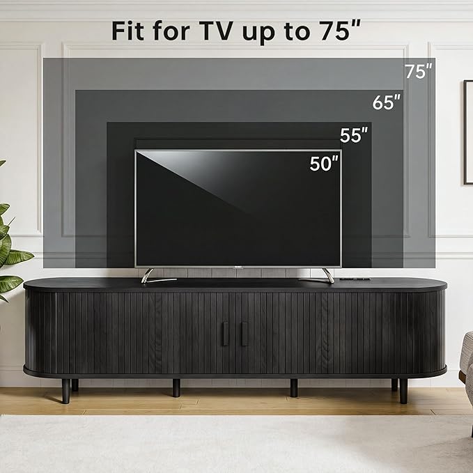 70 Mid Century Modern TV Stand Wood TV Consoles with Sliding Doors and Power Outlet Fluted Entertainment Center with Adjustable Shelves Media Console for Living Room Black