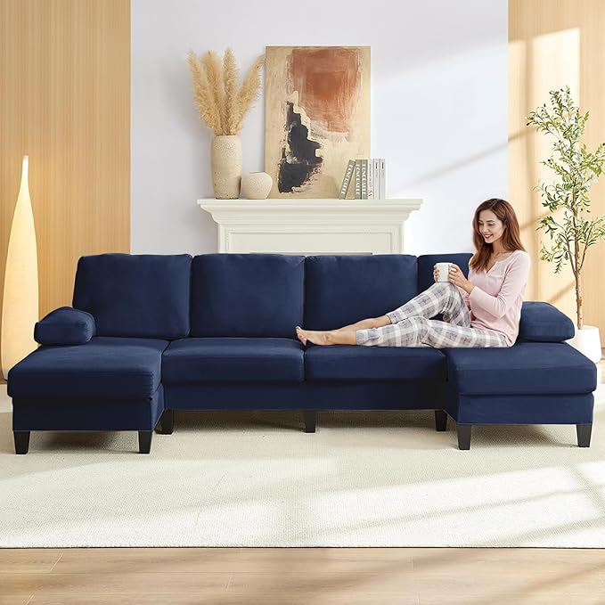 Mjkone 110 Width Sectional Couches with Chaises for Living Room U Shaped Cloud Sofa Couch with Ice Velvet Fabric Minimalist 4 Seater Sofa Set Living Room Sets Furniture for Home Office Blue