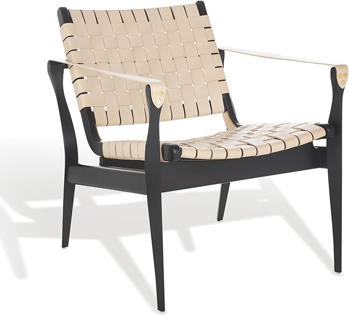 SAFAVIEH Couture Collection Dilan Black Solid Wood/White Genuine Leather Safari Chair (Fully Assembled)