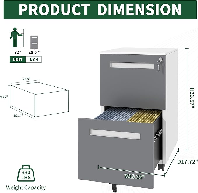 2 Drawer File Cabinet with LockSmall Filing Cabinet OrganizerModern Under Desk Storage Drawers for Home Office Commercial UseWhite