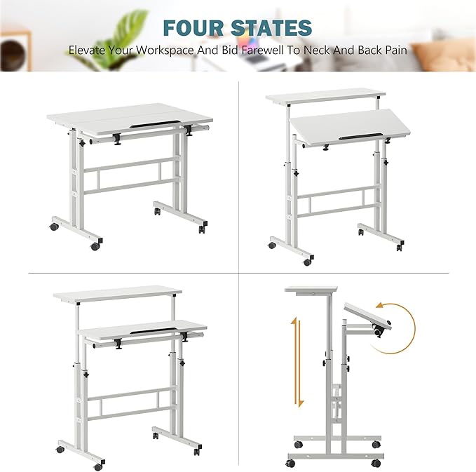 sogesfurniture Mobile Standing Computer Desk for Home Office Height Adjustable Laptop Workstation on Wheels with Keyboard Tray Small Portable Rolling Writing Table Sit to Stand Riser White