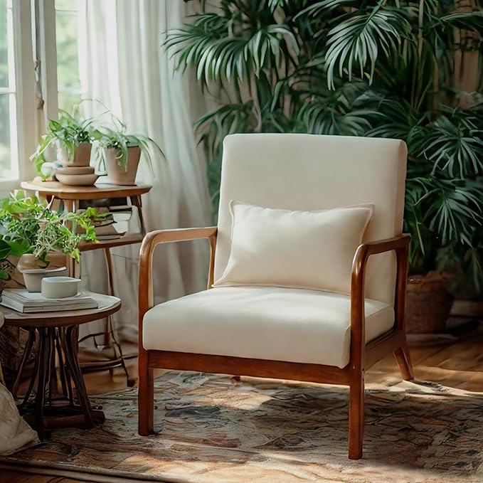 POWERSTONE Mid-Century Accent Chair Set of 2 - Upholstered Lounge Armchair with Pillow Solid Wood Legs Linen Fabric Modern Reading Leisure Chair for Living Room Bedroom Guest Room Beige