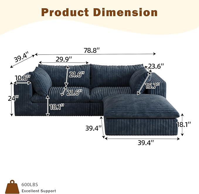 78.8 Corduroy Cloud Loveseat Sofa with Ottoman L Shaped Modular Sectional Couch with Removable Cushion No Assembly Required Deep Seat Boneless Couches for Living Room (Blue &amp 1 Ottoman)