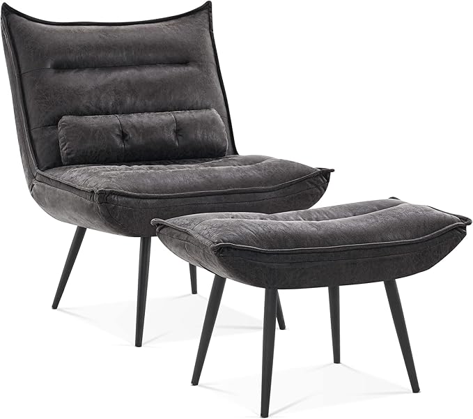MCombo Wingback Accent Chair with Ottoman Modern Bronzing Fabric Upholstered Club Chair for Small Space Living Room 4400 (Dark Grey)