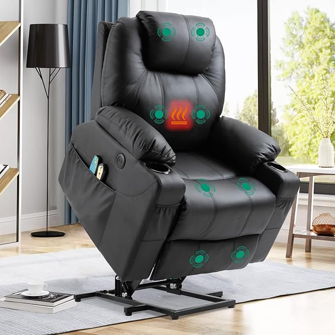 VIVIJASON Power Lift Chair Electric Recliner for Elderly Heated Vibration Massage Faux Leather Recliner Chair with 2 Remote Controls Cup Holders Side Pockets &amp USB Ports for Living Room (Black)