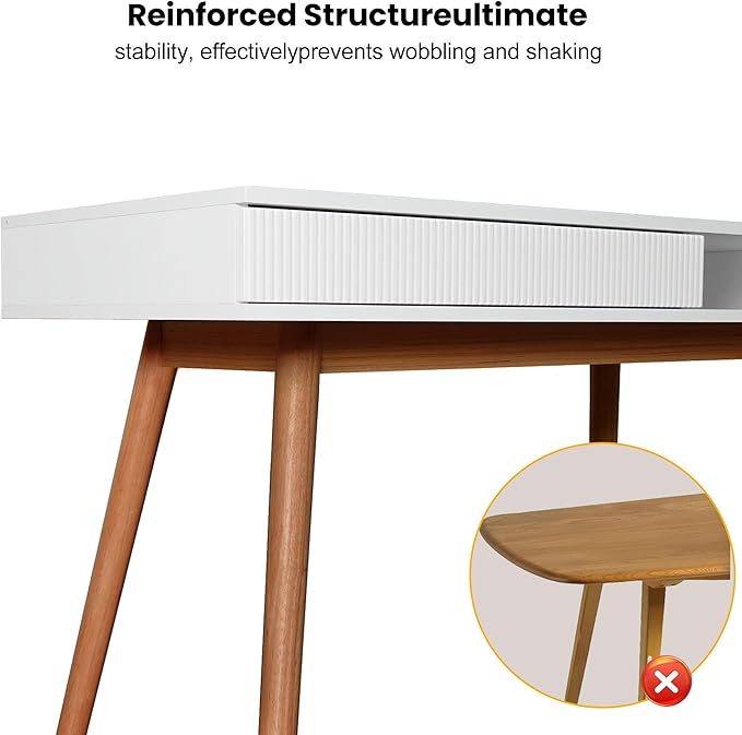 Artswish White Writing Desk with Drawers Mid Century Modern Desk Wood Office Computer Desks for Small Space White Desks with Walnut Legs