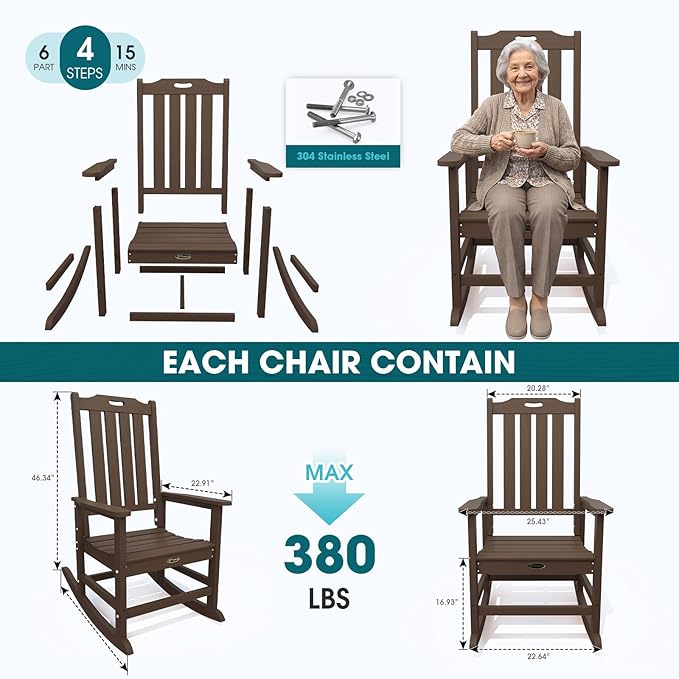 Oversized Rocking Chair Set of 2 Outdoor Rocking Chair for Adults All Weather Resistant Porch Rocker for Lawn Garden Brown