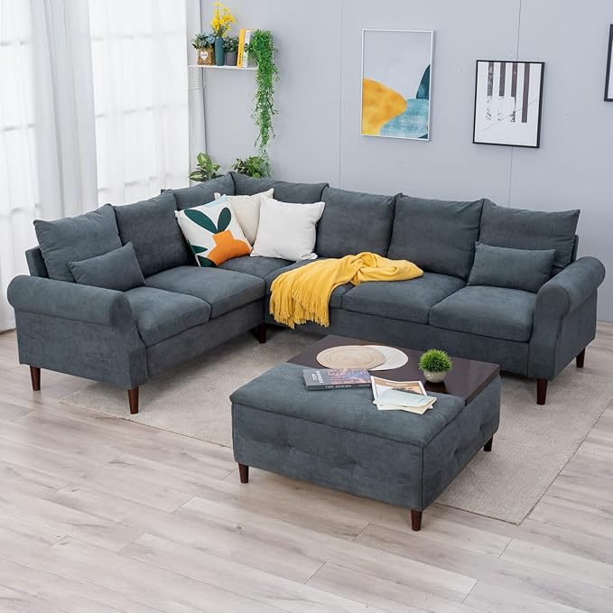 Panana 6 Seater Corner Sofa Modern Rolled Arms Design L Shaped Couch Settee for Living Room (Gray 6 seat L Shaped Corner Sofa)
