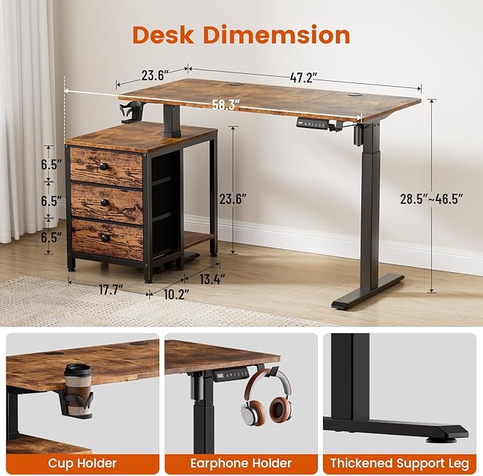 REAHOME Electric Standing Desk with Drawers 47 x 24 Inches Height Adjustable Sit Stand Desk with Storage 3 Memory Preset Home Office Computer Desk Printer Cabinet Cable Management Rustic Brown