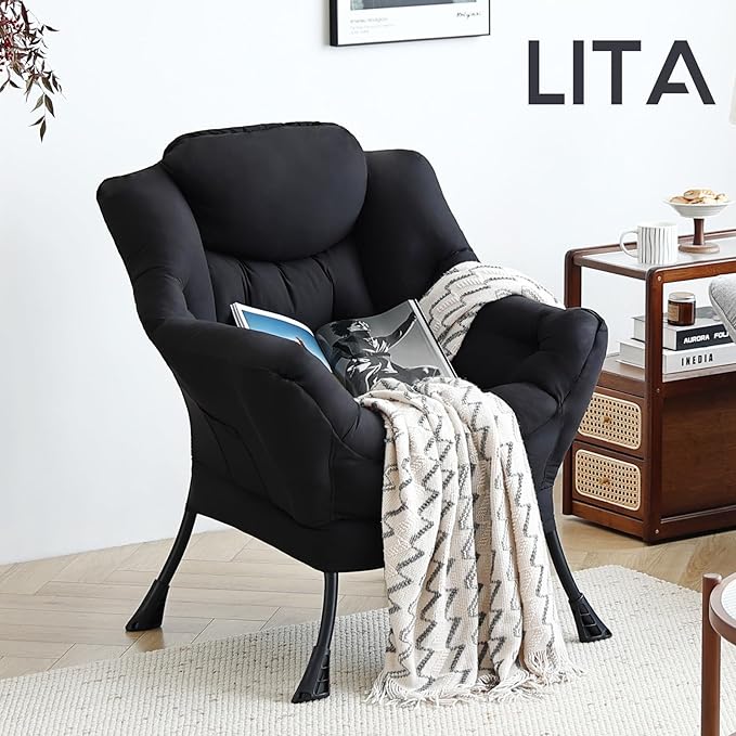 LITA Lazy Chair with Armrests and Side Pocket Modern Upholstered Accent Reading Chair for Living Room Bedroom Dorm Small Spaces Single Black