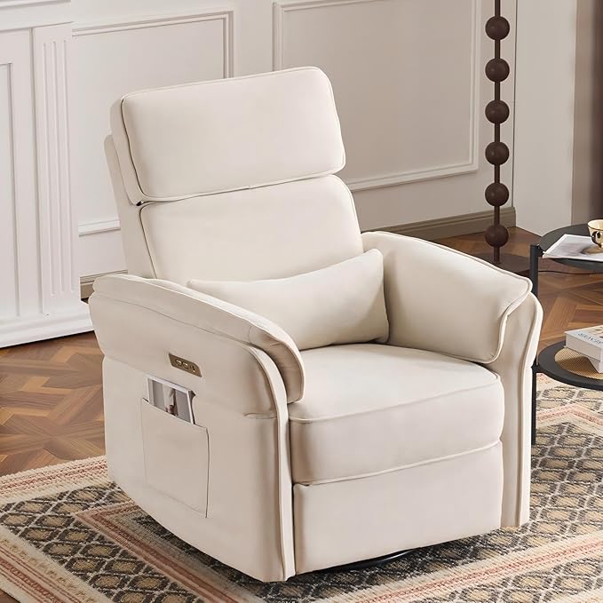 MELLCOM Power Recliner Rocking Chair Nursery Gliders with Adjustable Armrests and Headrest Swivel Electric Glider Reclining Nursing Chair with Storage Bags and USB Port FSC CertifiedBeige Fabric