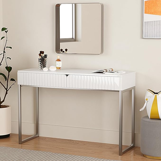 Modern Multi-Purpose Desk White &amp Antique Brass 43 L x 15.75 W 2 Large Drawers Computer/Vanity/Study Adult Size