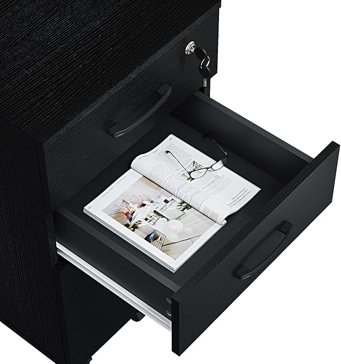 Panana 3 Drawer Wood Mobile File Cabinet Under Desk Storage Drawers Small File Cabinet for Home Office (Black)