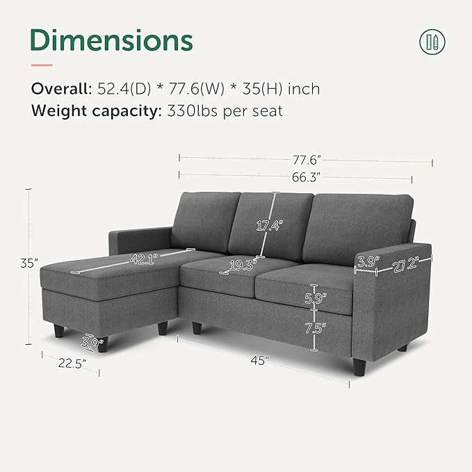 HONBAY Convertible Sectional Sofa Convertible L Shaped Couch with Reversible Chaise Sectional Couch for Small Space Apartment Grey