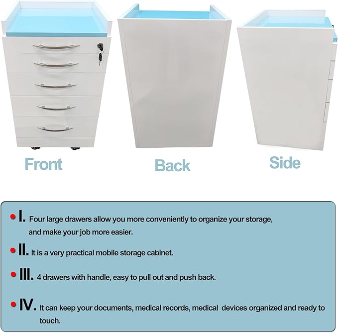 Storage Cabinet Office Mobile File Cabinet 4 Drawers Utility Mobile Lockable Cabinet Stainless Steel Moving Side Cabinet Portable Storage Device with Brake Wheels and 2 Divider Brackets