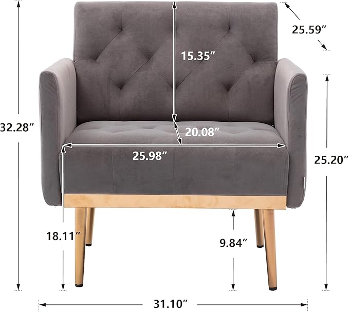 Modern Accent Chair Upholstered Single Sofa Arm Chair for Living Room and Bedroom Upholstered Comfy Armchair Chair with Solid Tapered Metal Legs (Gray)