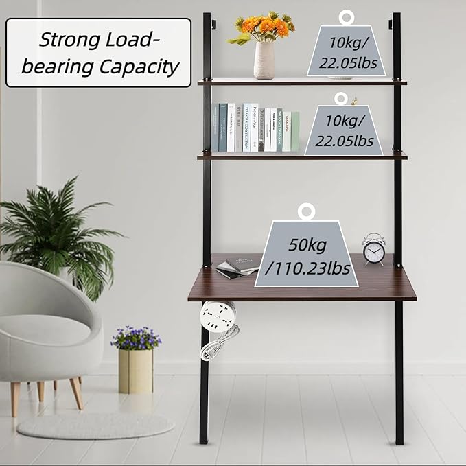 3 Tiers Wall Mount Desk Industrial Ladder Desk Computer Desk Writing Table with Bookshelf Floating Pipe Table with Power Strip for Home Office Dormitories Brown