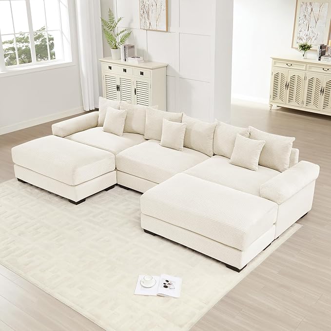 130 Corduroy Sectional Couches for Living Room Beige Comfortable Oversized Sectional Sofa Set with Deep Seat Large 3 Seater Couch with 2 Ottoman Sofas para Sala U Shaped Couch with Chaise Lounge
