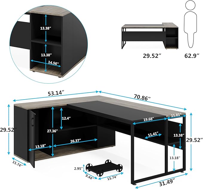 Tribesigns 71 inch Executive Desk L Shaped Desk with Cabinet Storage Executive Office Table with Shelves Business Furniture Set Workstation for Home Office Gray