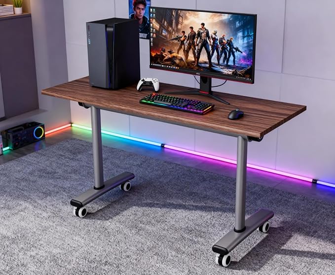 Space-Saving Folding Desk with Wheels 55 Mobile Office Table | Heavy-Duty Flip-Top Design for Home Office Gaming &amp Study | Perfect for Small Apartments Studios &amp Dorm Rooms
