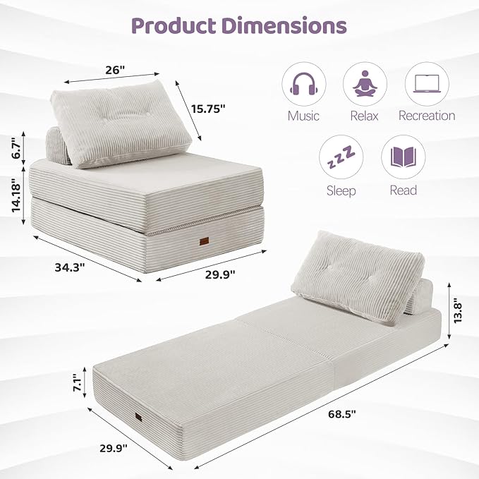 Folding ChairSleep Chair with High-Density Support FoamPortable 3 in 1 Fold Out Chair with Back Support and Pillow for Bedroom、Balcony、Hotel、ApartmentSingleSilver Gray