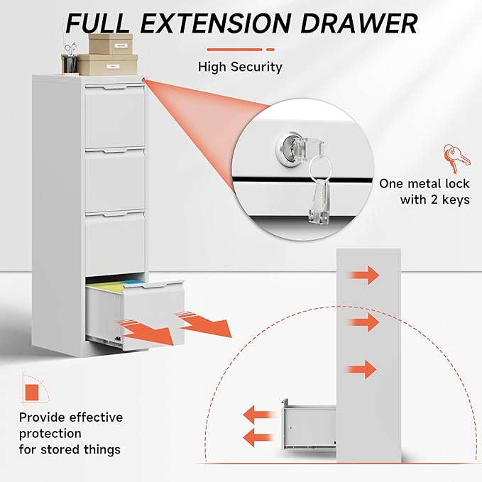 4 Drawer File CabinetMetal Vertical File Storage Cabinet with LockFiling Cabinets for Home OfficeA4 Legal/Letter Assembly Required(White)