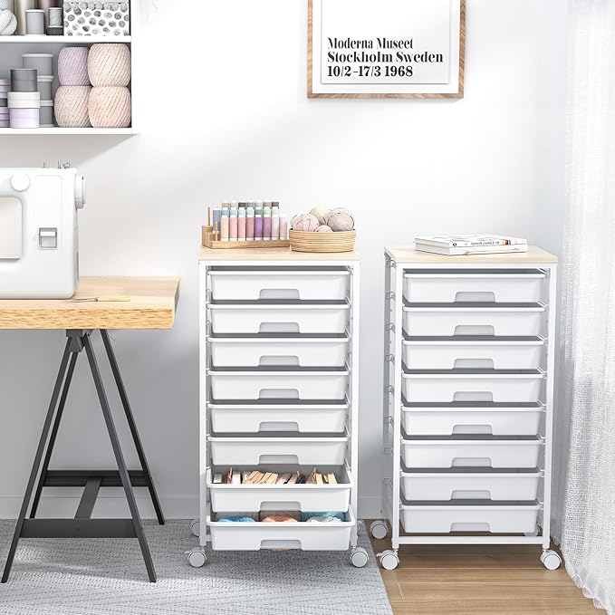 Rolling Storage Cart with DrawersUtility Cart With 8 Drawers and Wooden TabletopRolling Drawer CartStorage Drawer Cart for Living RoomClassroomBedroomBathroomDormOfficeWhite