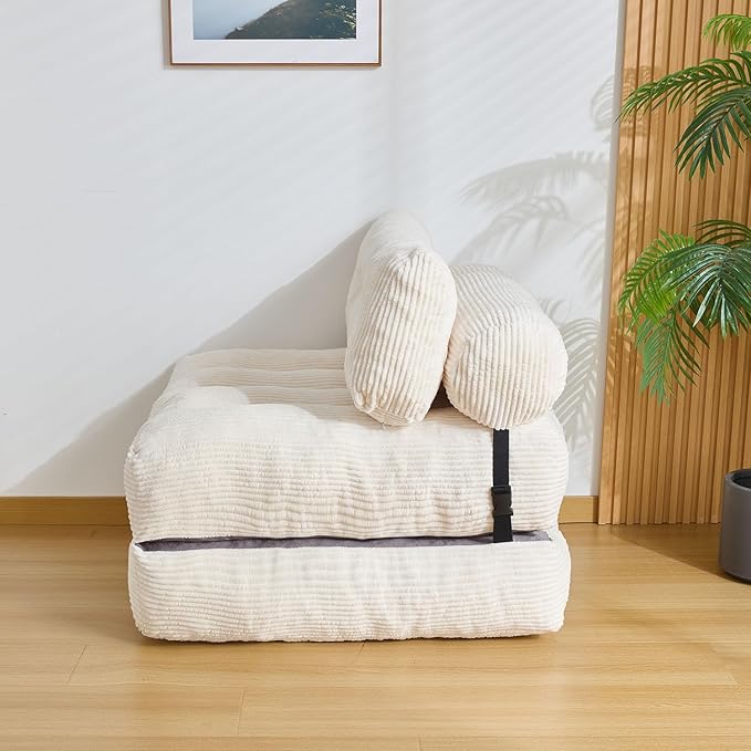 Folding Sofa Bed Convertible Sleeper Chair Couch Bed Faux Rabbit Fur for Adults with Back Support Floor Couch Comfy Floor Sofa for Living Room Bedroom Ivory Single