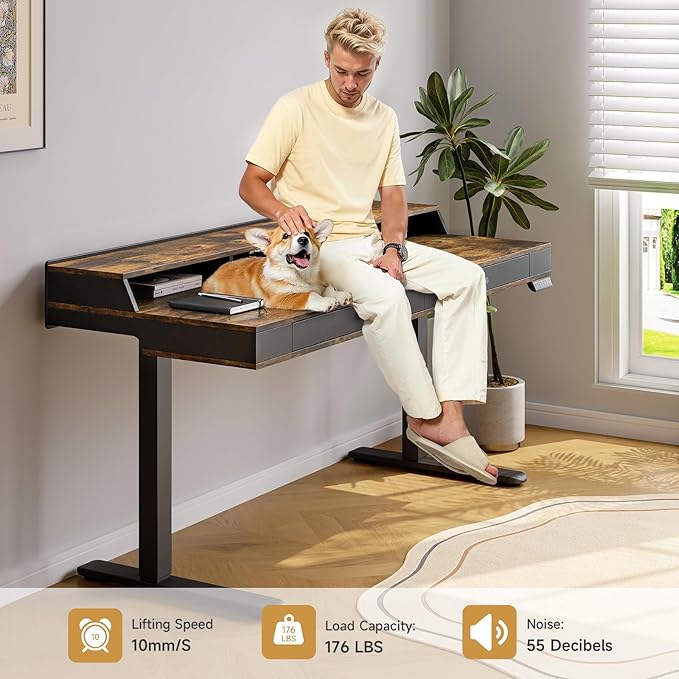 ONBRILL Standing Desk with Drawers 63x23.6 Electric Stand Up Desk with Storage Shelf and Memory Controller Sit Stand Desk Adjustable Height from 28-46 for Computer Workstation Rustic Brown