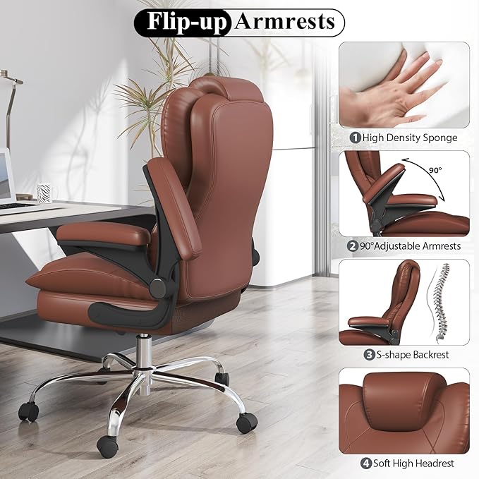 Office Desk Chair Executive Leather Office Chair High Back Ergonomic Home Desk Chair with Padded Flip-up Arms Big and Tall Computer Chair with Rocking Function 360°Swivel Free Light Brown