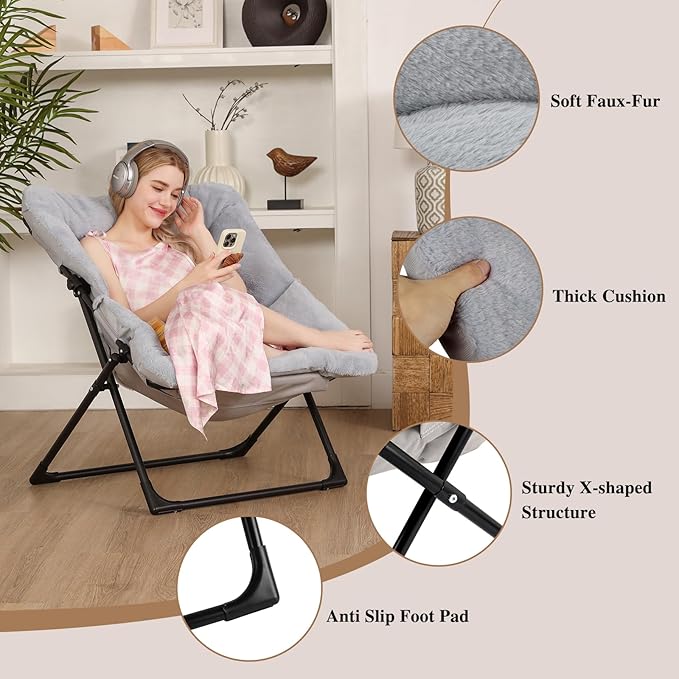 Comfy Saucer Chair for Adults Soft Faux Fur Bedroom Chair with Ottoman Accent Dorm Chairs Living Room Reading Chairs and Footstool Folding Seat for Teens X-Large Grey