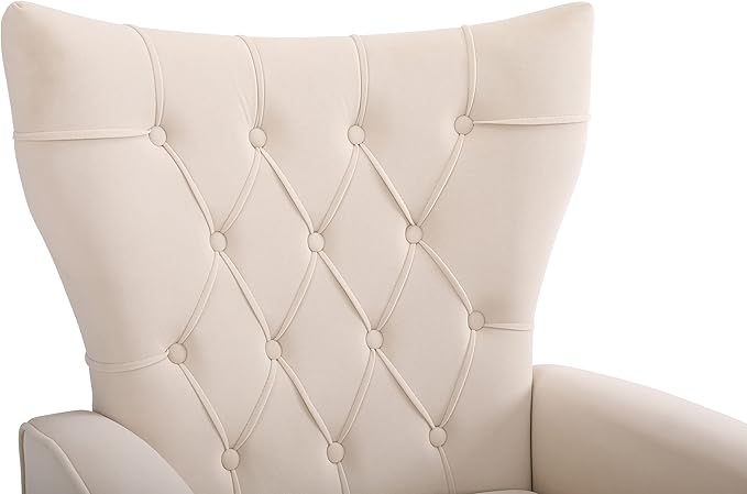 Velvet Accent Chair with Ottoman Modern Sherpa Chair with High Backrest and Armrest Upholstered Reading Chair with Ottoman Set Comfy Living Room Chair with Metal Leg for Bedroom (Beige)