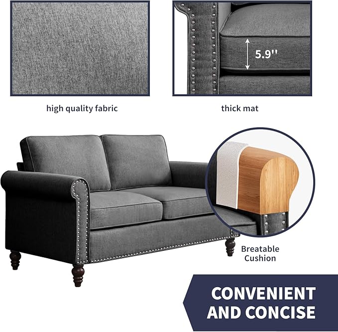 Loveseat Sofa Couches for Living Room 2 Sofa Seat for Small Spaces Mid Century Modern Couch with Armrest and Backrest Soft Cushion Sofa for Home/Office/Apartment - Dark Grey