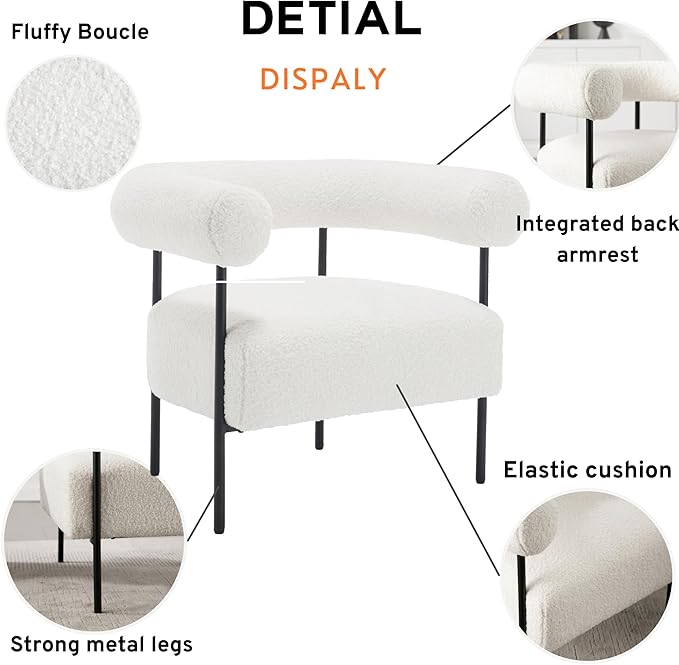 Wahson Modern Accent Chair with Black Metal Legs Boucle Upholstered Barrel Chair with Curved Backrest Small Reading Chair for Living Room/Bedroom/Office White