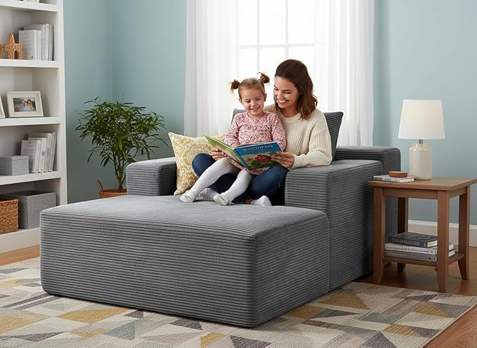 Monroe Convertible Chaise Lounge Chair Indoor – Oversized Corduroy Couch with Wide Armrest &amp Throw Pillows Cozy Boneless Sleeper Sofa Bed Armchair Dark Grey