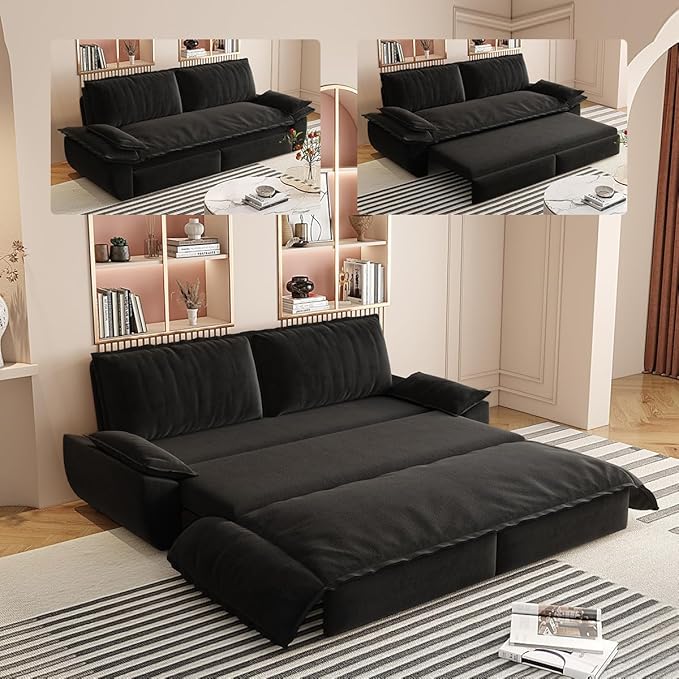 73.2 Queen Size Pull Out Sofa Bed 3-in-1 Velvet Convertible Sleeper Loveseat for Living Room Apartment Bedroom &amp Small Spaces (Black)