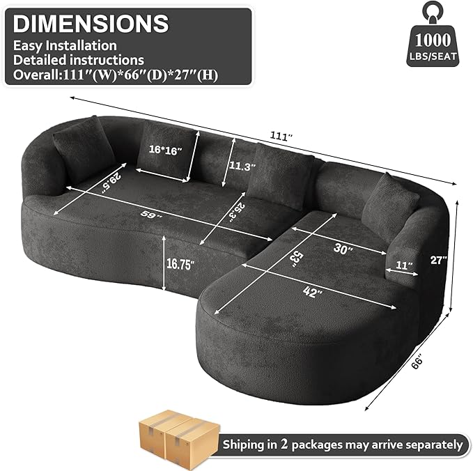 Oversized Sectional Sofa with Right Chaise for Living Room 111 Modern Curved L Shape Cloud Couch with Extra Deep Seat Modern Luxury Chenille 4 Seater No Assembly Required Black