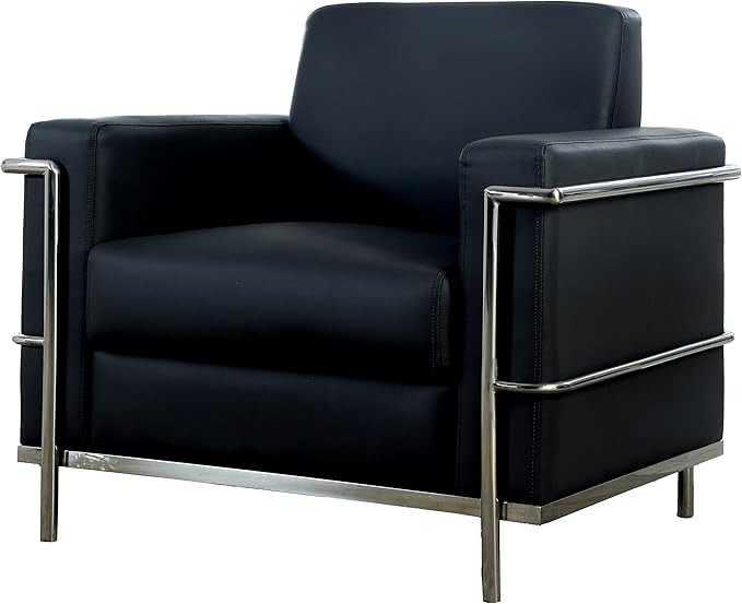 Sherry Modern Armchair with Chrome Frame Faux Leather Upholstery Cushioned Seat &amp Back Contemporary Accent Chair for Living Room Bedroom or Office Lounge Seating Set of 1 (Black)