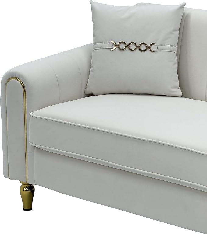 Modern 3-Seaters Velvet Sofa Upholstered Couch with Pillows and Gold Metal Legs for Living Room Office Apartment (Cream White)
