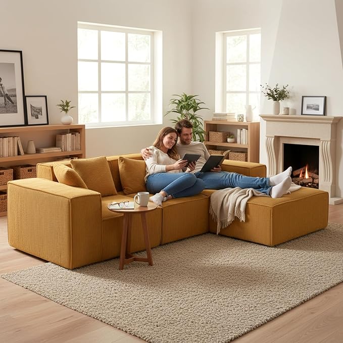 Harper Convertible Corduroy Sectional Couch with Ottoman &amp Pillows Modular L Shaped Sleeper Sofa Boneless Cloud Couch for Living Room Furniture Ginger Yellow