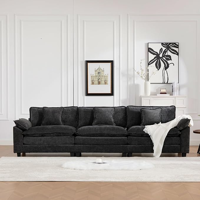 117.3” Black Modular Sectional Sofa 3 Seater Large Sectional Couches for Living Room Chenille Fabric Oversized Cloud Couch with Ottoman Deep Seat Wide Armrest Home Sofas Set Sofá Moderno