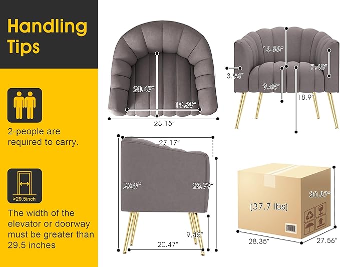 Oversized Pumpkin Couch Accent Chair Modern Comfy Velvet Upholstered Barrel Chairs Luxury Single Sofa Armchair for Living Room Waiting Room Office and Vanity (Grey)