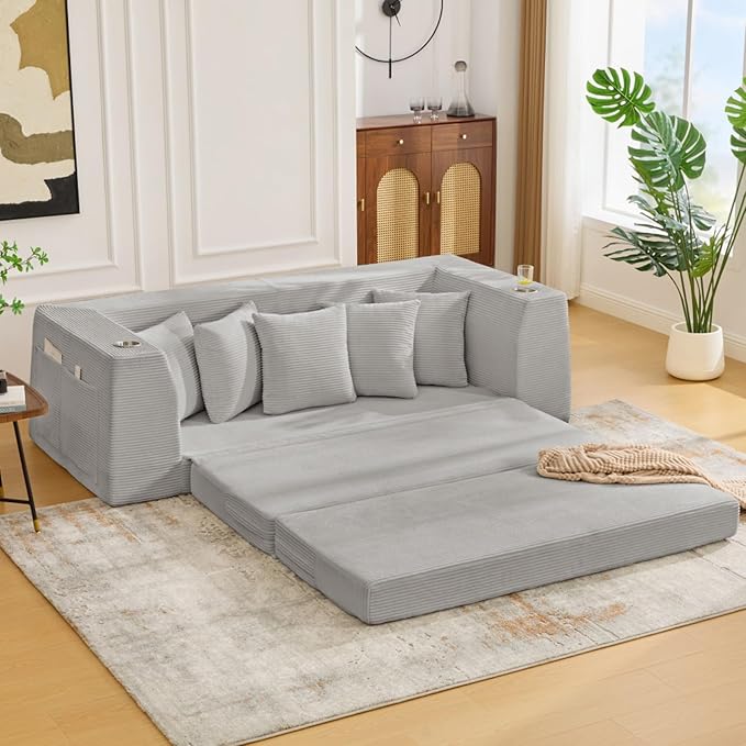 82.25 Convertible Loveseat Sleeper Sofa Bed with Side Pocket 2 in 1 Corduroy Pull Out Bed with 5 Pillows Boneless Couch with 2 Cup Holders and Wide Armrest No Assembly Light Gray